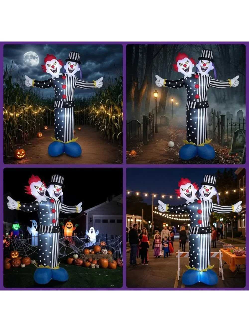 8FT Halloween Inflatable Clown with LED Lights - Outdoor Yard Blow-Up Decor